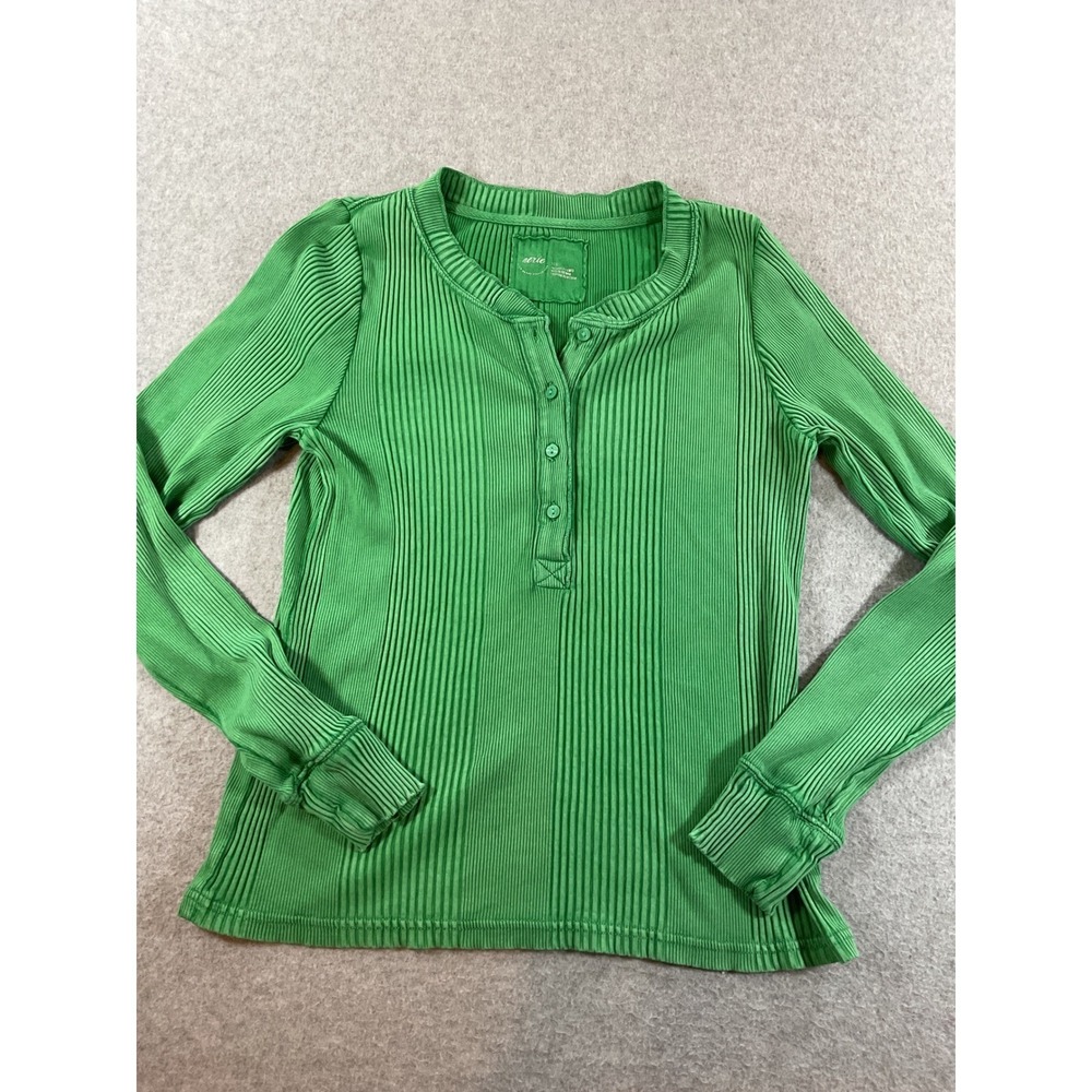 Aerie Womens Long Sleeve Henley Top Ribbed Green Size L #673